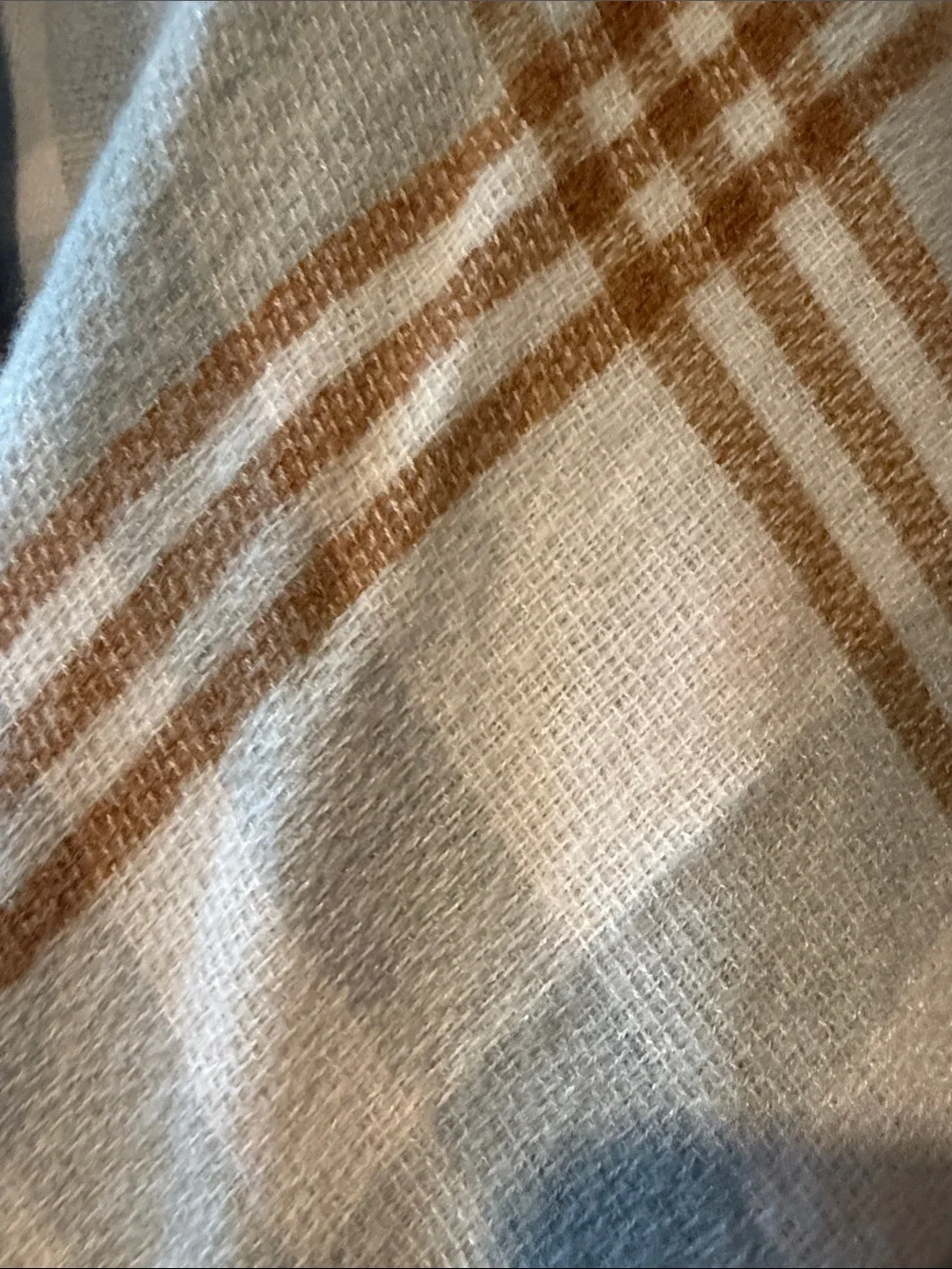 Three Dots Light Blue and Tan Plaid Fringe Wrap